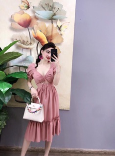 BB208 Đầm tiểu thư dây eo chun ngực lai bèo