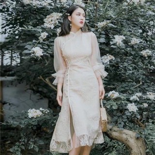Sườn xám cách tân phối tay ren phong cách tiểu thư size L - Hàng có sẵn - PhaPha Shop