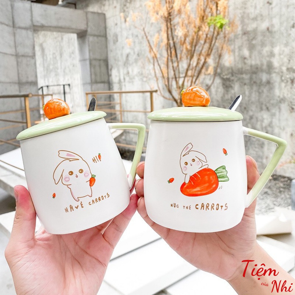 Ly sứ có nắp gắn tai thỏ love 3D màu trắng in nổi hình thỏ gắn nơ có quai cầm kèm muỗng cà phê 500ml LS001 Tiệm Của Nhi