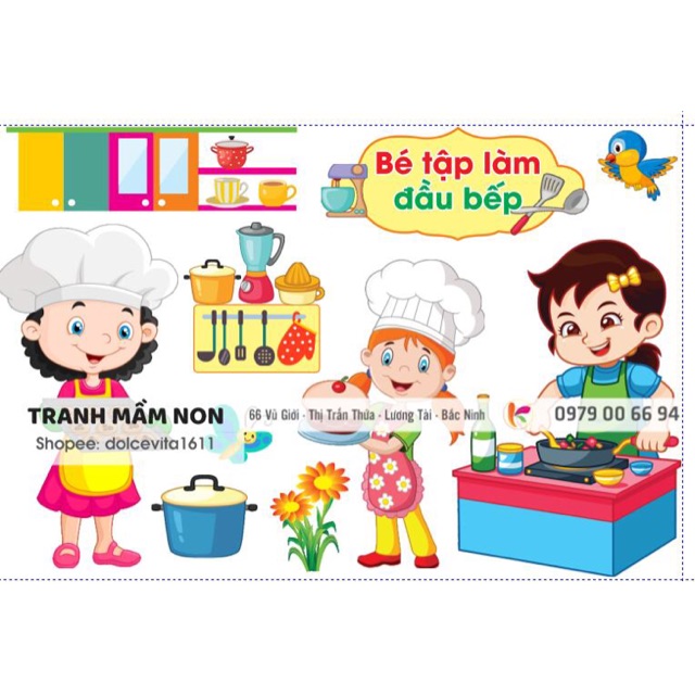 Decal mầm non-bé tập làm đầu bếp khổ lớn 127x80