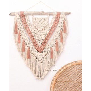 Mành macrame trắng phối hồng phong cách boho treo tường trang trí nhà cửa, homestay, quán cafe