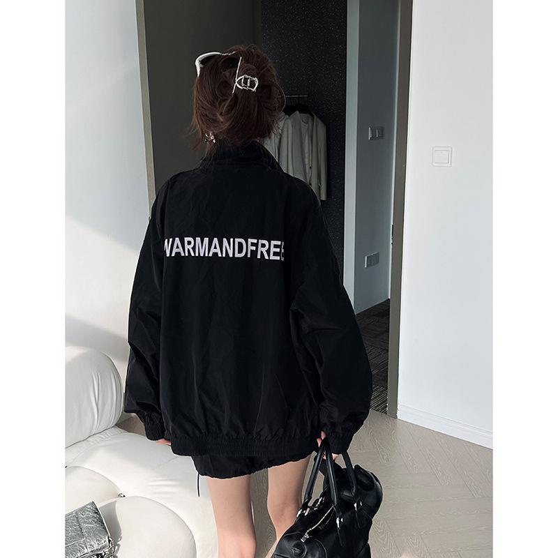 Áo Khoác Cổ Đứng Dáng Rộng Màu Đen Phối Dây Rút Thời Trang Mùa Thu Cá Tính