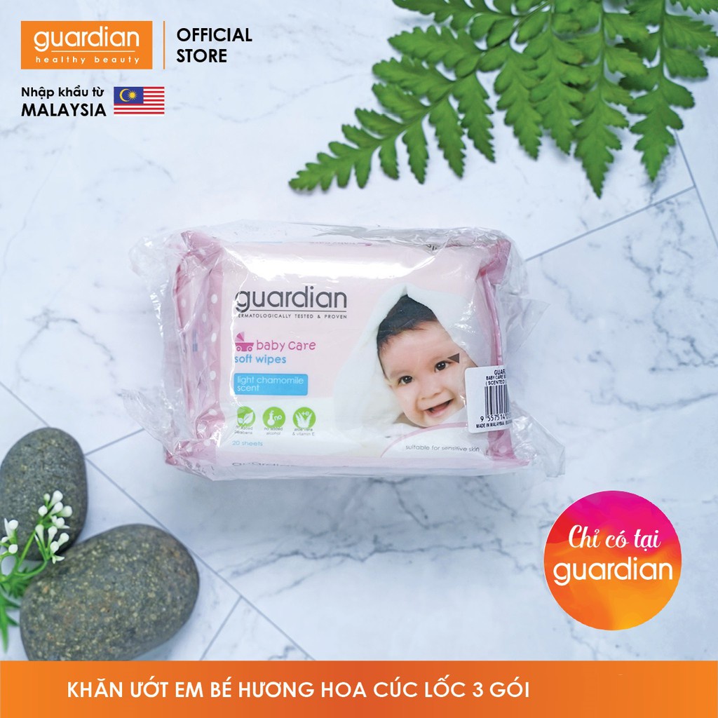 Khăn ướt em bé Guardian hương Hoa Cúc 3 gói x 20 miếng