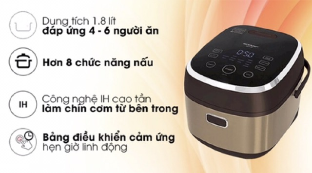 Nồi cơm điện cao tần Sharp 1.8 lít KS-IH191V-GL- Mới 100%- Lòng nồi nhôm dập tráng men chống dính dày