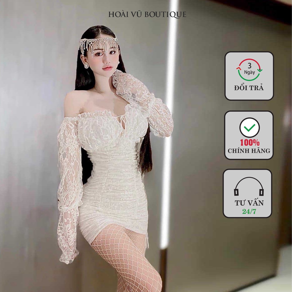 Đầm body ren nhún thân trễ vai - dx