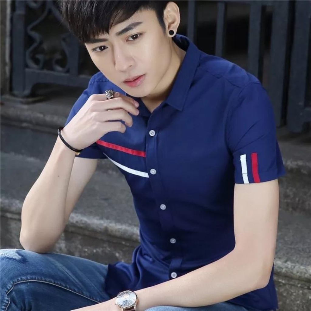 Áo sơ mi nam tay ngắn phối viền sọc, chất vải mềm mại, thoáng mát, trẻ trung, năng động