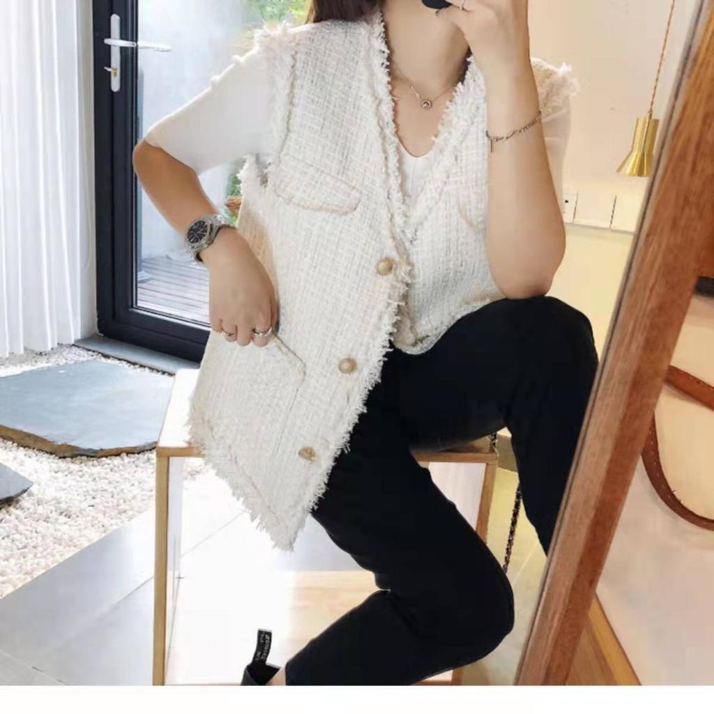 Hot! | Hàng Có Sẵn + Cùng Ngày Áo Khoác Vải Tweed Không Tay Phong Cách Pháp Size S-4XL Thời Trang Xuân Thu Cho Nữ