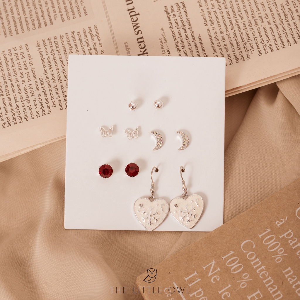 Set bông tai Nhà Cú đá đỏ 17289 (5 đôi)