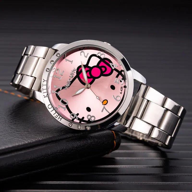 Đồng Hồ Nữ Dây Thép Mặt Hình Mèo kitty Dễ Thương