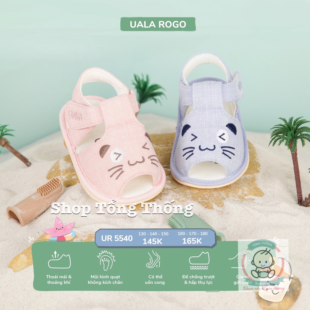 Giày tập đi Uala Rogo chuẩn y khoa đế cao su non cao cấp mềm cho bé gái chống trơn trượt mèo cười nheo mắt mới 5540