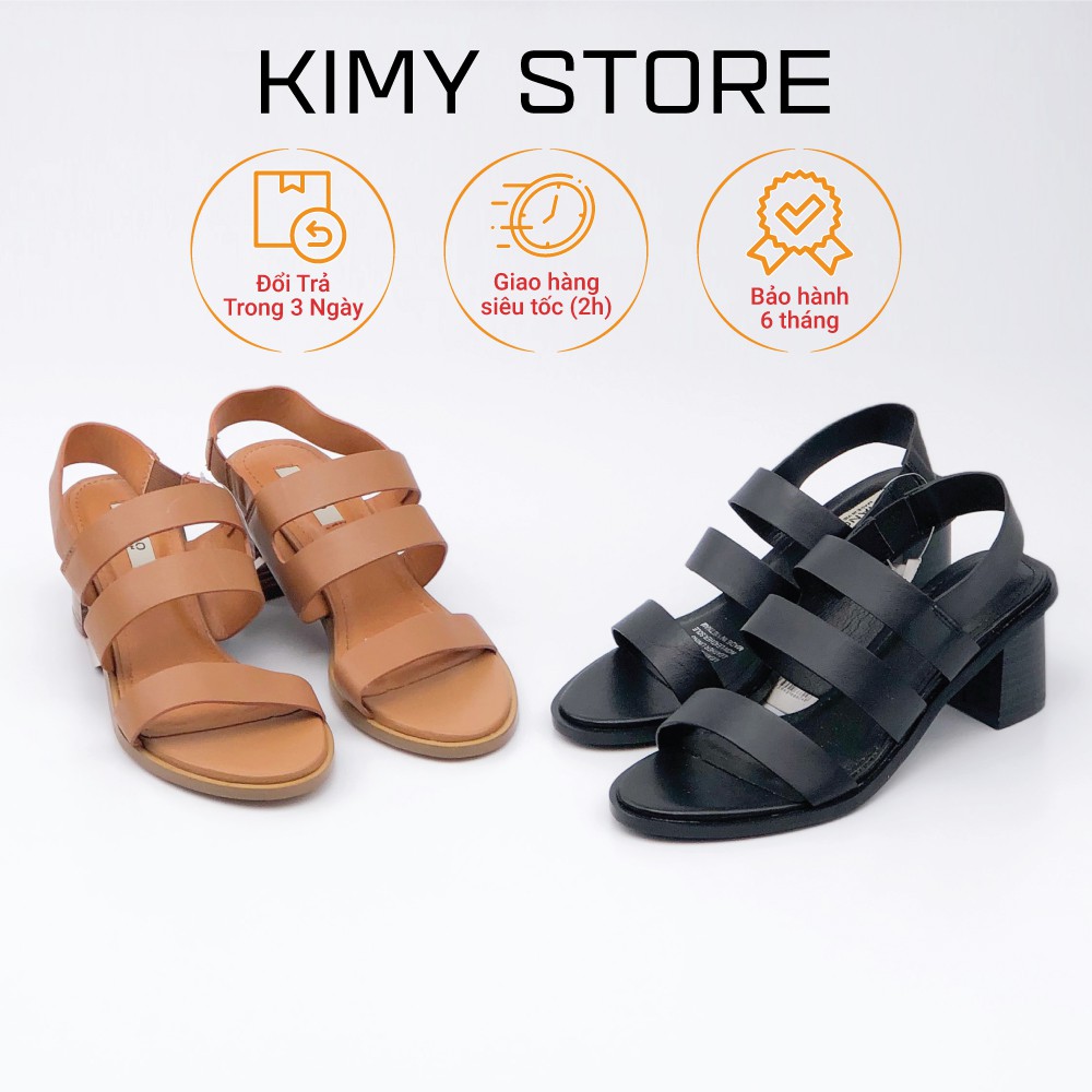 Sandal nữ VNXK quai chun sau tiện lợi, dép xăng đan da thật gót cao 5cm - Kimy Store