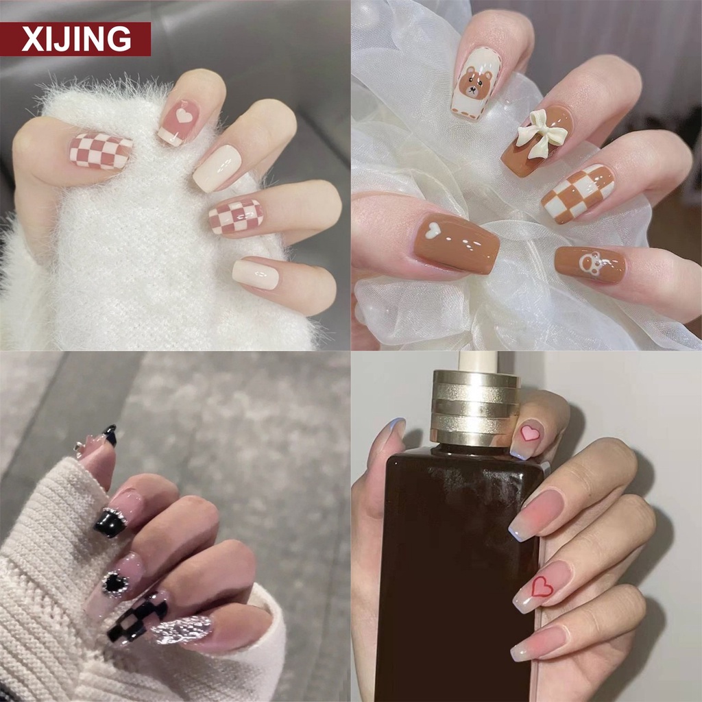 Bộ 24 móng tay giả họa tiết bướm/gấu/trái tim dễ thương bắt mắt
