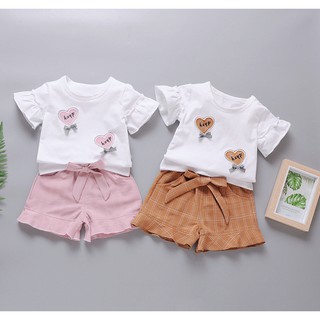 Set quần áo hai mảnh ngắn tay dành cho bé gái 1-3 tuổi họa tiết trái tim dễ thương TEL001