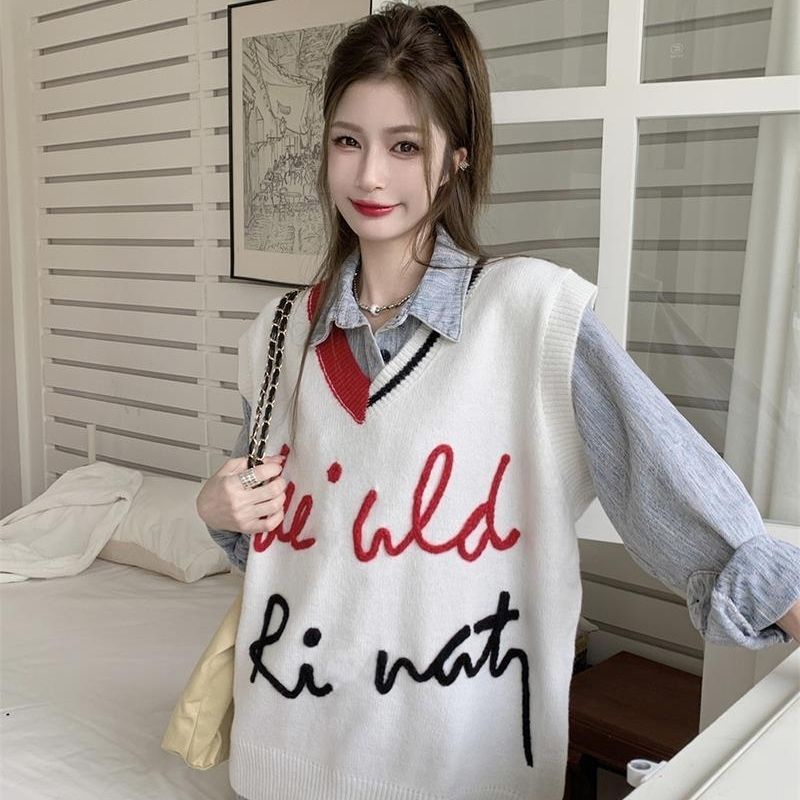 Áo Dệt Kim Sát Nách Dáng Rộng In Chữ Phối Màu Mới Trẻ Trung Cho
