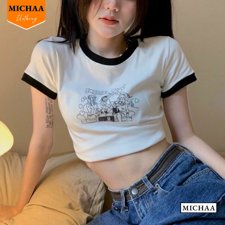 Áo Croptop Ôm Body Nữ SMOOCH TIM Cổ Tròn Tay Ngắn, Áo Thun Croptop Kiểu In Họa Tiết - MICHAA CR89