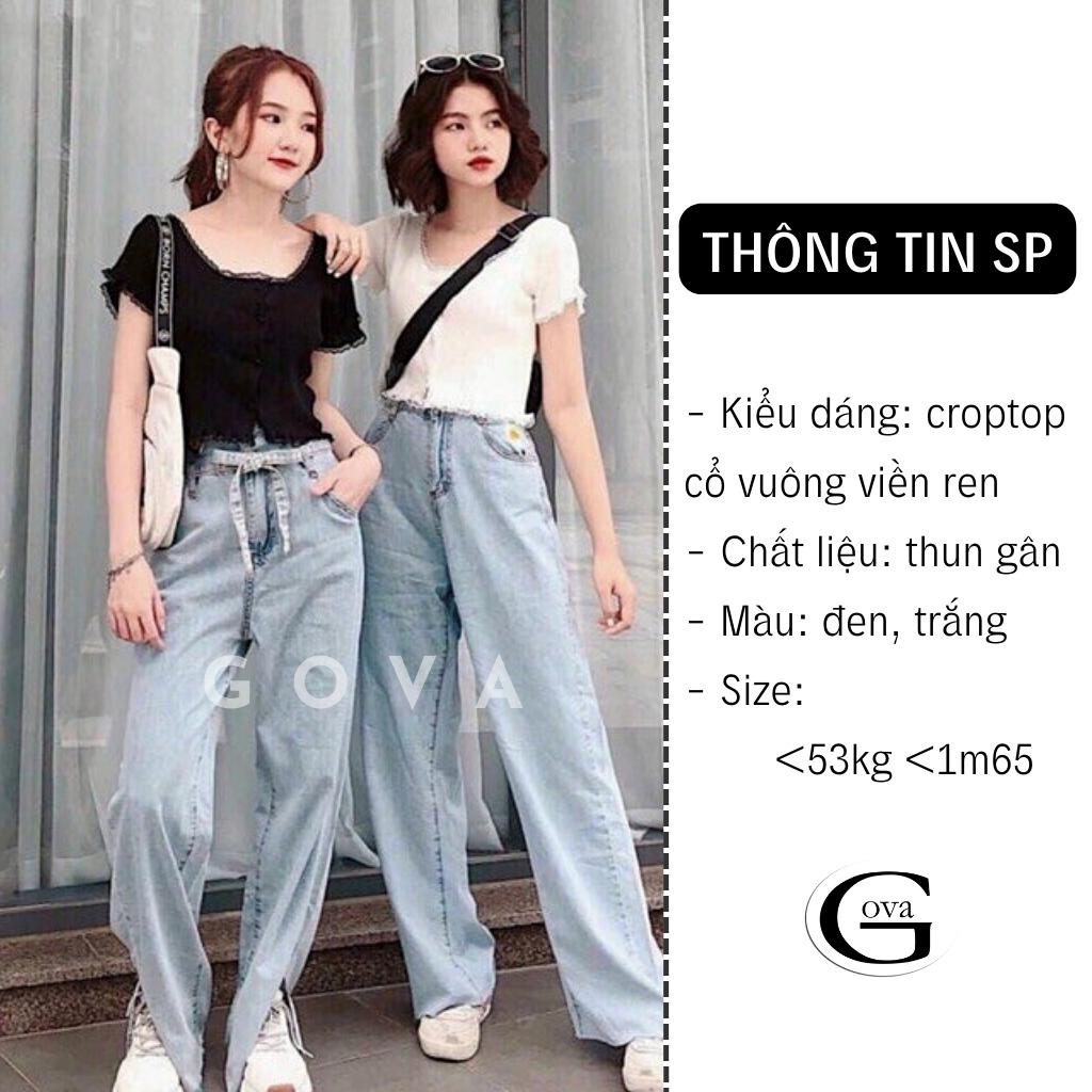 Áo Croptop tay ngắn phối ren Hot Trend Áo kiểu nữ ôm chất thun Cao Cấp gân mềm mát