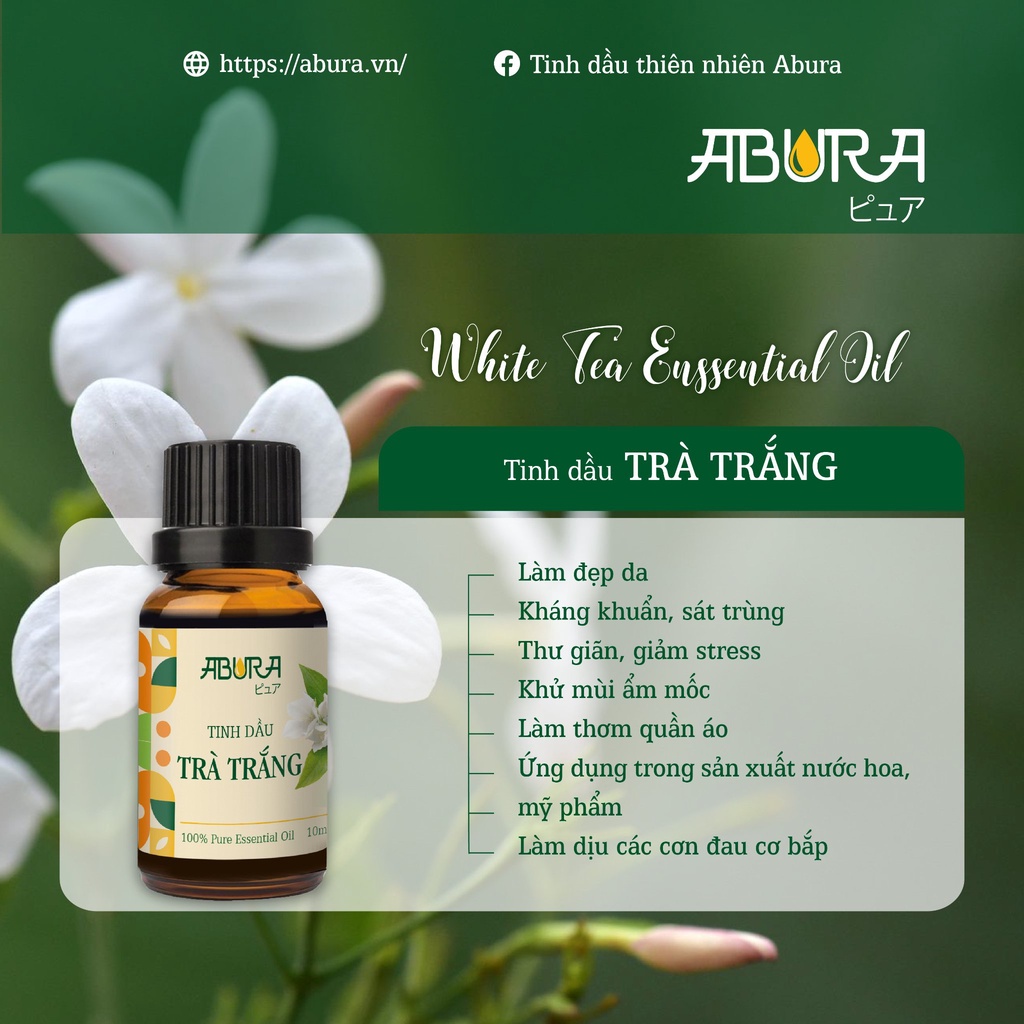 Tinh dầu Trà Trắng white tea ABURA 10ml  tinh dầu hương hoa Trà Trắng khuếch tán ngủ ngon làm thơm quần áo