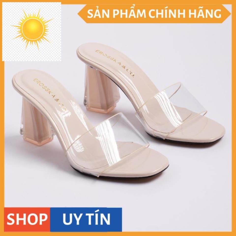 ️🎽 Dép mule cao gót quai trong Erosska thời trang mũi vuông gót trong cao 9cm màu nude _ EM040 ️🎽