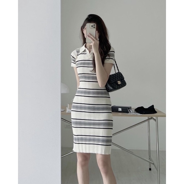 ĐẦM LEN DỆT KIM DÁNG SUÔNG KẺ NGANG