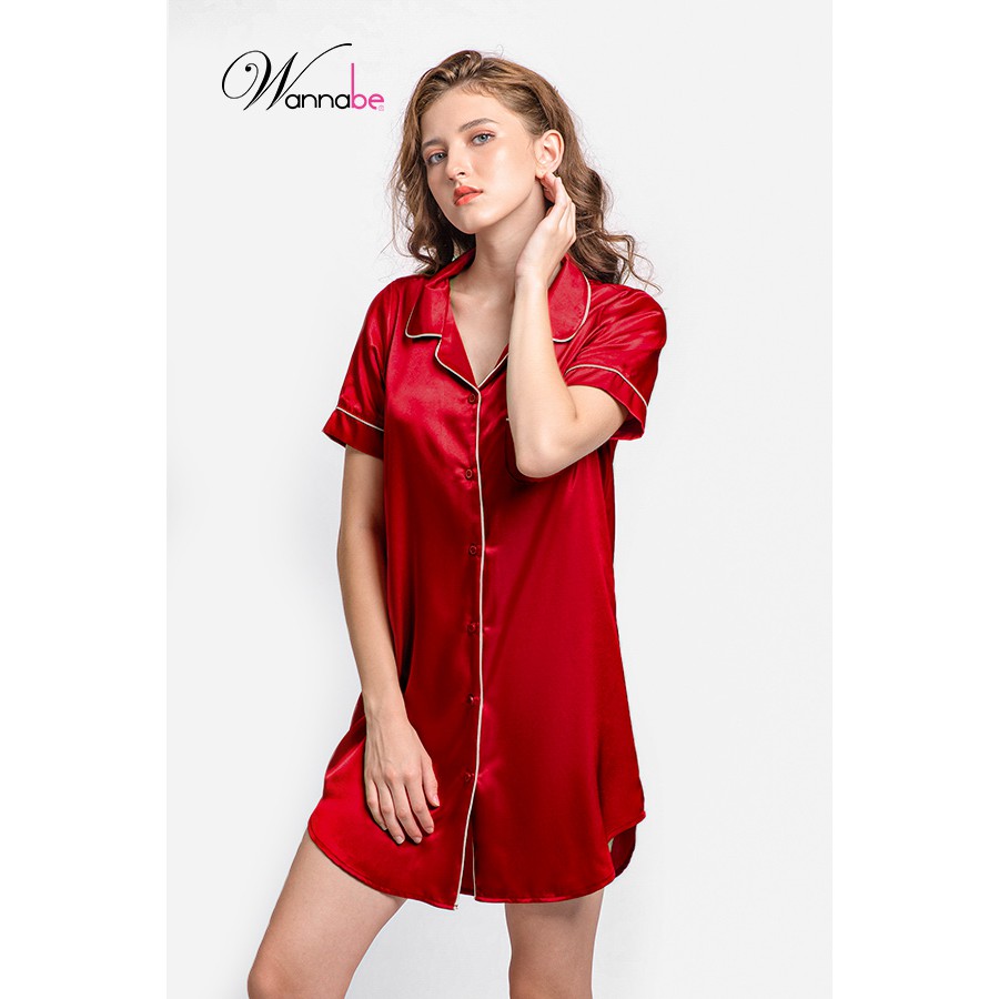 Đầm ngủ satin lụa Wannabe DN611 kiểu dáng pijama