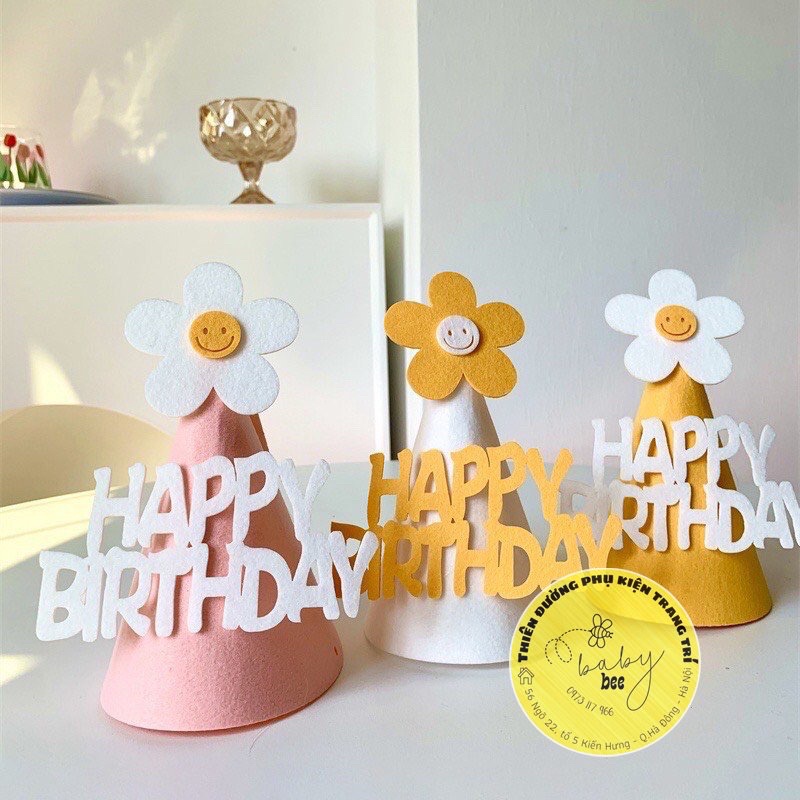 Mũ Chóp Sinh Nhật 3D Hoa Cúc Vải Dạ Phong Cách Hàn Quốc