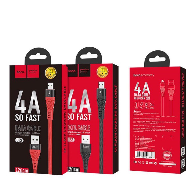 Cáp sạc nhanh ⚡FREESHIP50K⚡ Hoco U53 Micro 4A cho Samsung, Oppo,.. dài 1m2 - chính hãng