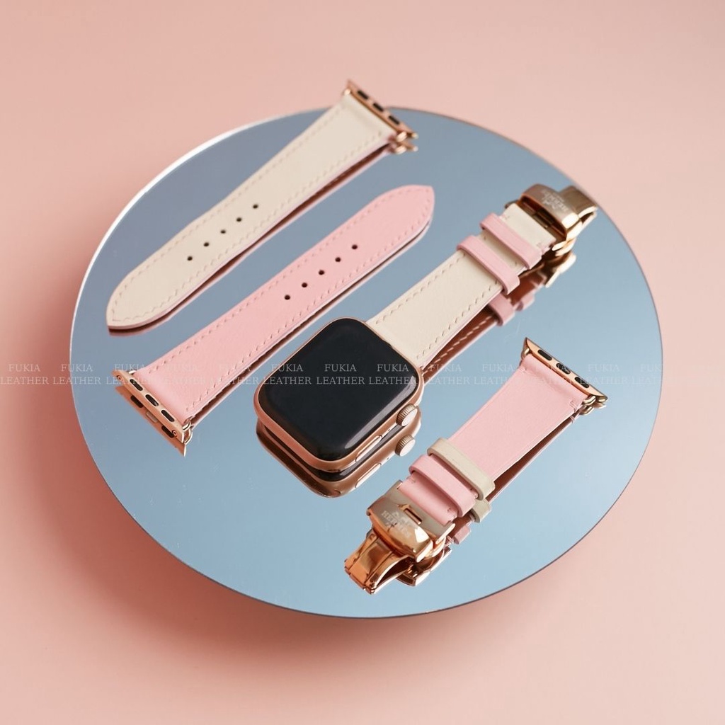 Dây da thủ công Swift Hồng Mix Trắng dành cho Apple Watch, đồng hồ thông minh, đồng hồ cơ