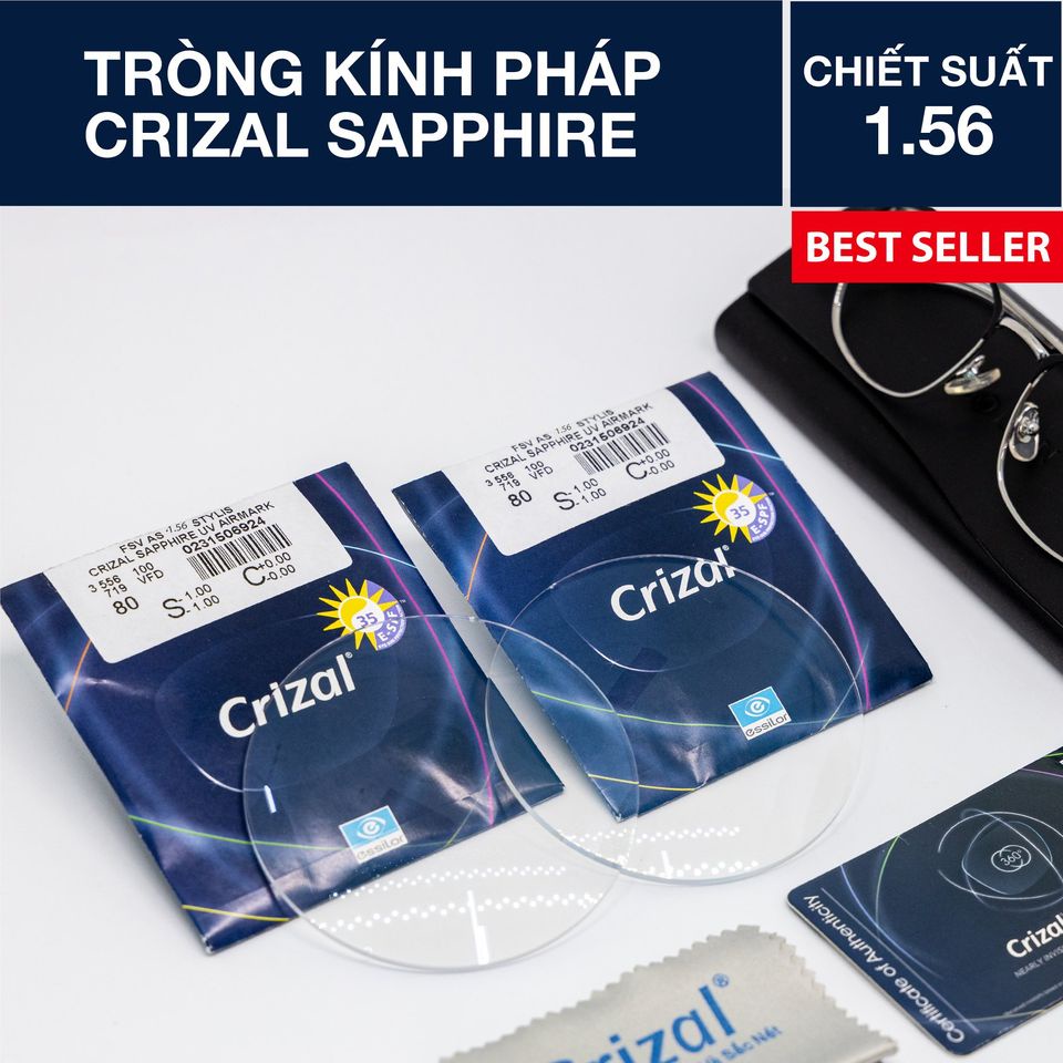 Tròng kính Cận - Loạn Hoàng Lâm ESSILOR Crizal Sapphire 360UV - Chiết suất 1.56: Chống chói toàn diện 360 độ