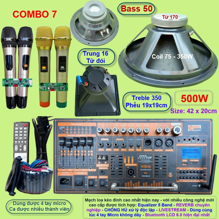 Mạch loa kéo 5 tấc đơn 500W Reverb chống hú DSP Livestream Equalizer 5 Band  kèm 4 tay Micro