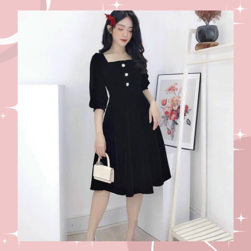 VÁY ĐẦM DỰ TIỆC CỔ VUÔNG MÀU ĐỎ VÀ ĐEN TAY LỠ ĐÍNH NÚT SANG CHẢNH