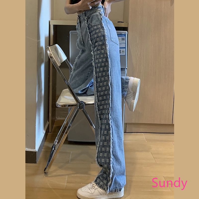 Quần Jean Dài Lưng Cao Ống Đứng Phối Họa Tiết Caro Thời Trang Mùa Thu Phong Cách Hàn Quốc Cho Nữ