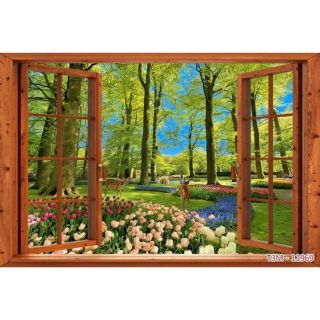Tranh 3D dán cửa sổ giả gỗ phong cảnh thiên nhiên