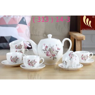 Bộ ấm chén uống trà sứ trắng hoa ghi