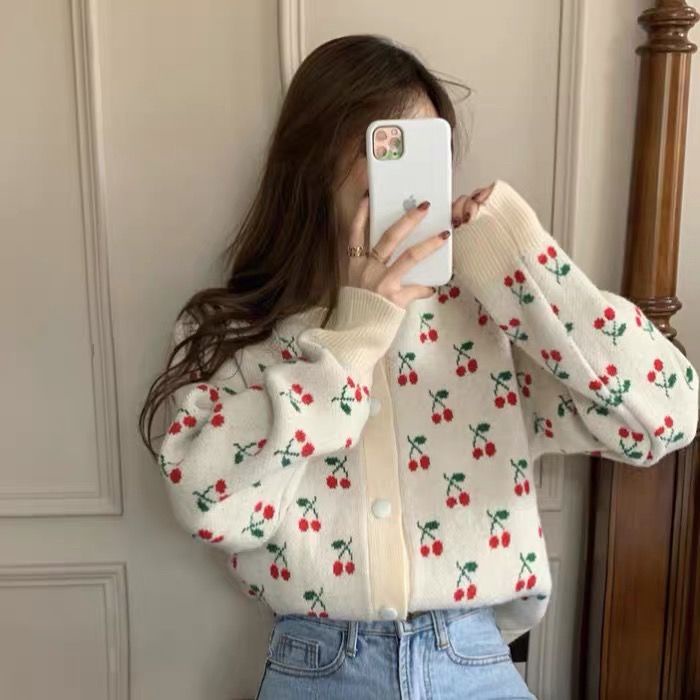 Áo khoác cardigan dệt kim dáng rộng họa tiết quả cherry phong cách hàn quốc thời trang cho nữ