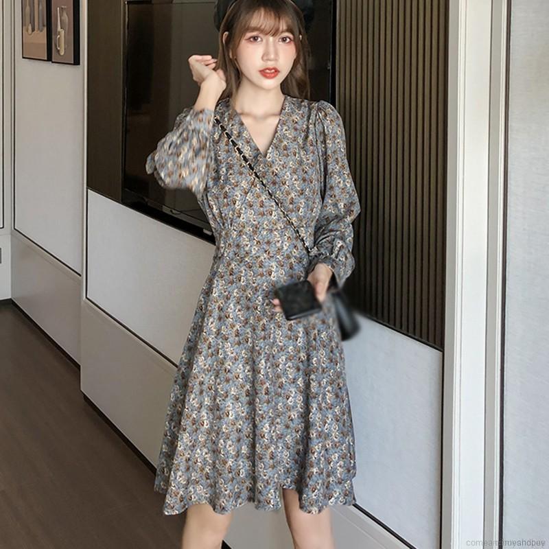 Đầm Tay Dài Lưng Cao Hoạ Tiết Hoa Phong Cách Hàn Quốc