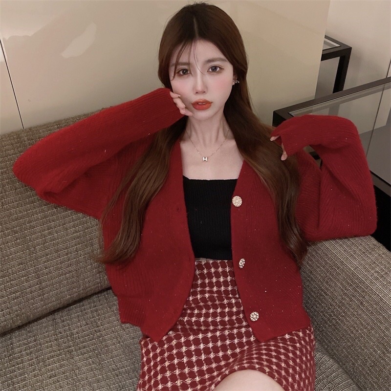 SET ÁO KHOÁC CARDIGAN LEN VÀ CHÂN VÁY KẺ CARO