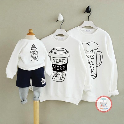 Áo Sweater Gia Đình Familylove - Mẫu Áo Sweater Họa Tiết Drinks Need More Beer,coffe,milk Chất Nỉ Da Cá Cotton 100%