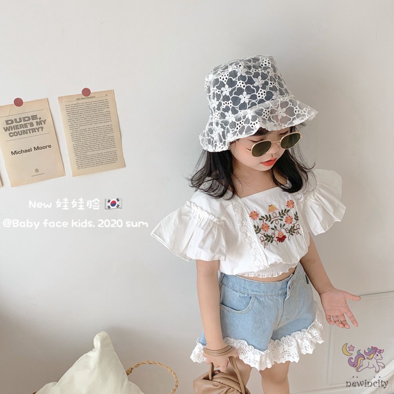 Áo Kiểu Tay Ngắn Phối Ren Hoa Dành Cho Bé Gái