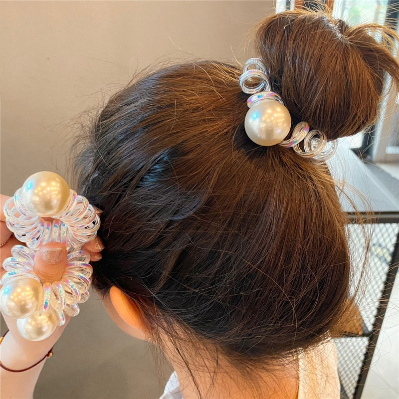 Dây buộc tóc cao su trong suốt đính ngọc trai phong cách Hàn Quốc