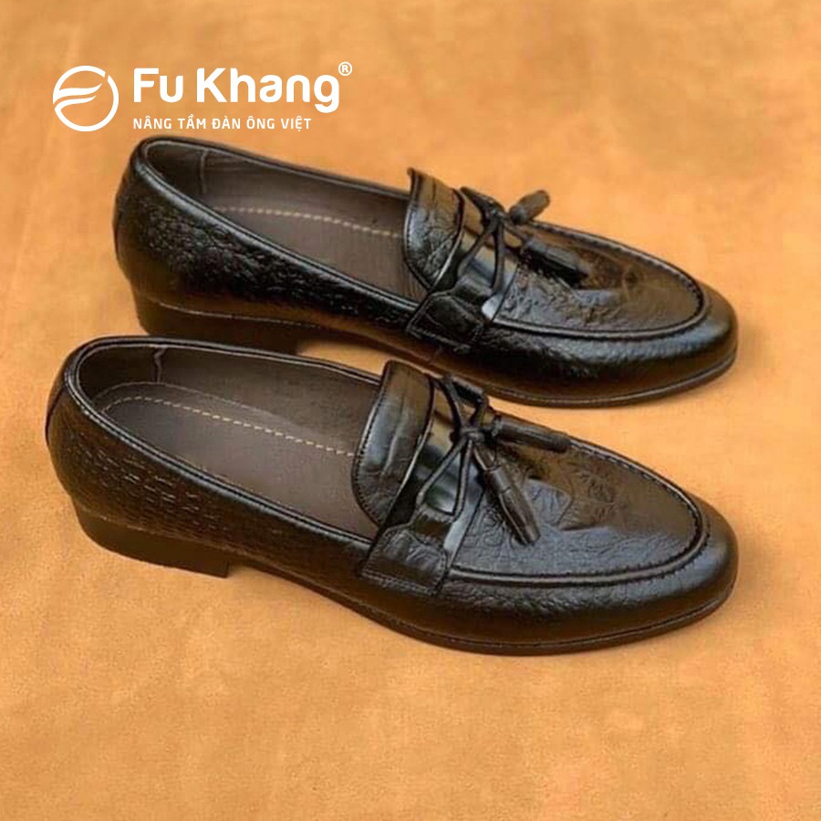 Giày nam da bò dập vân cá sấu cao cấp nơ chuông thời trang chính hãng Fu Khang màu đen và nâu GD44