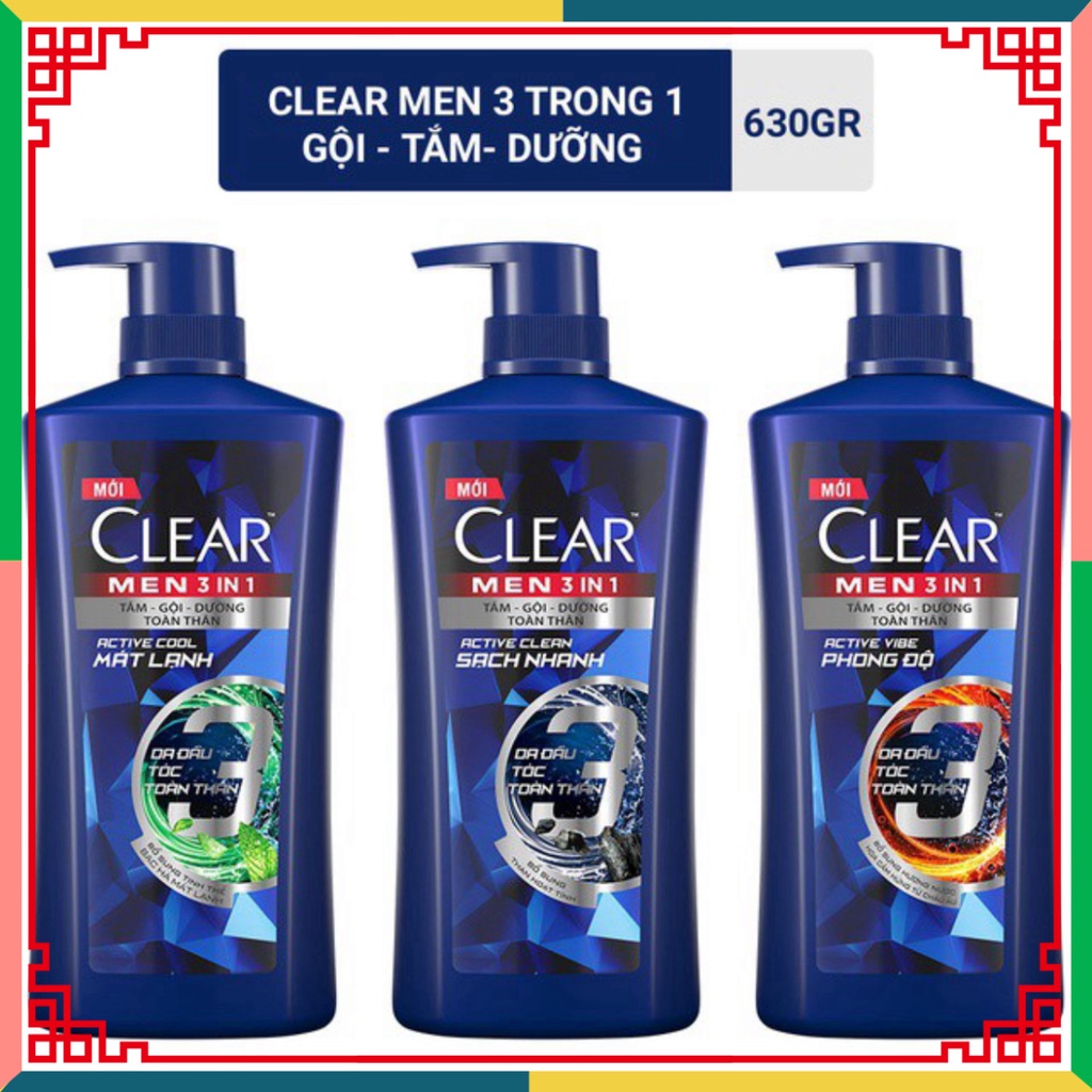 (HOT LIKE) Dầu tắm gội Clear Men 3 trong một 630gr: Tắm + Gội + Dưỡng