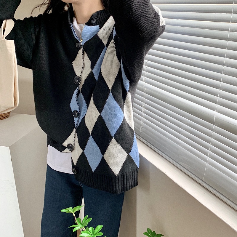 SUXI Áo khoác cardigan dệt kim hoạ tiết kẻ sọc phối nút thời trang mùa Thu cổ điển cho nữ
