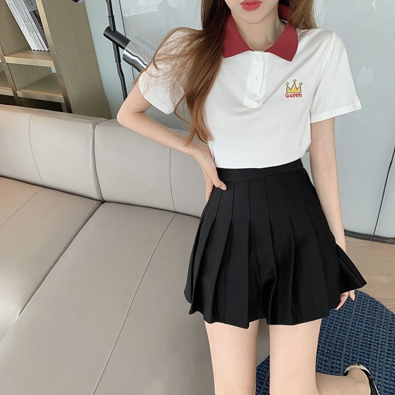 Ready Stock Summer 2021 Sweet and Wild Cotton Polo Collar Embroidered T-shirt + Wild High Waist and Thin Pleated Skirt Set Women