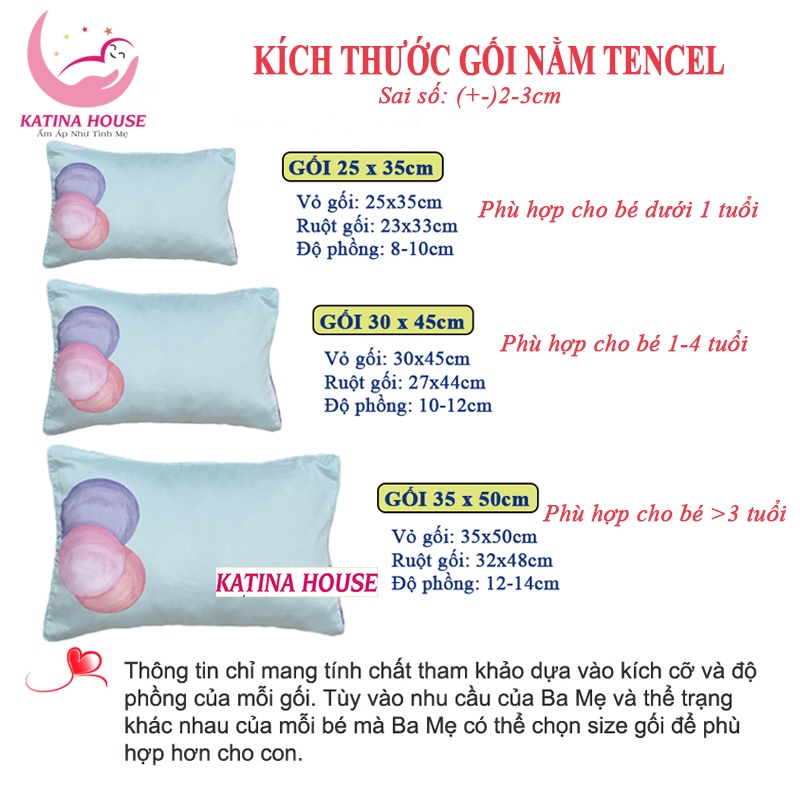 Gối cho bé sơ sinh 0 -10 tuổi vải Tencel gòn lông vũ nhân tạo, siêu mềm mát, êm,  hoạt tiết dễ thương