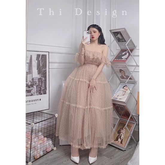 Đầm midi công chúa bẹt vai lưới bi sang trọng TRIPBLE T DRESS - size M/L - MS363V