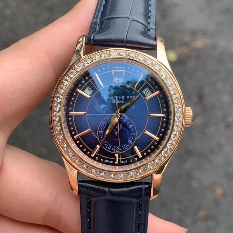 Đồng hồ Nam Ptek vành đá trăng sao máy nhật chạy cơ Automatic có thứ ngày tháng vỏ vàng dây da