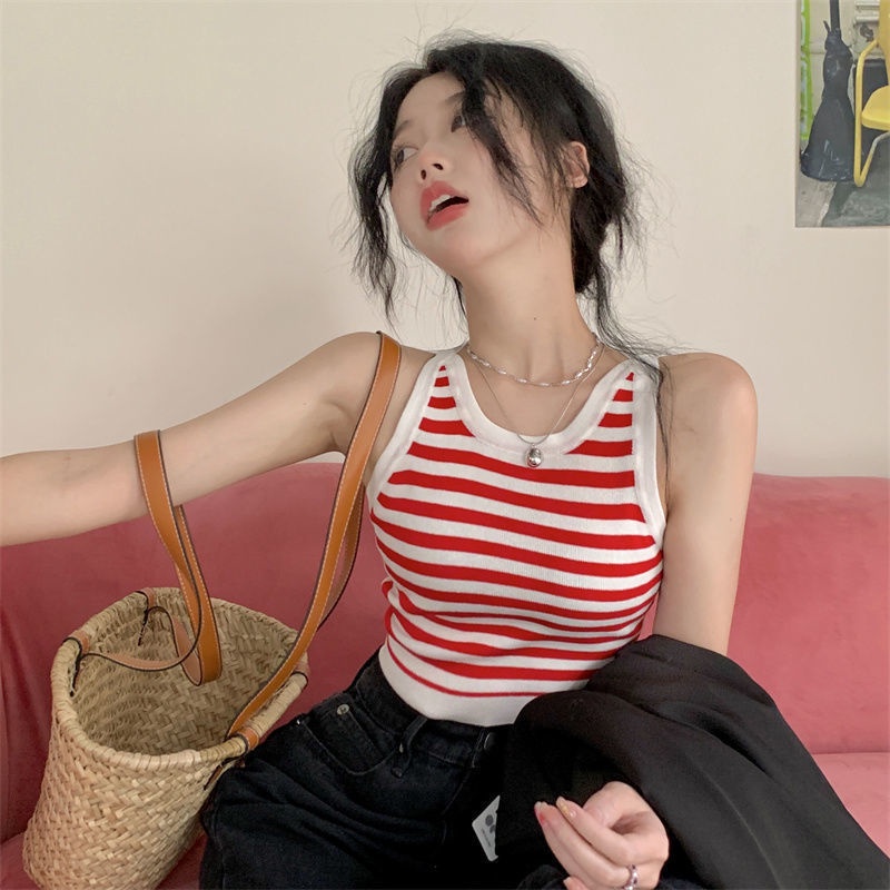 Áo Hai Dây Dáng Ngắn Họa Tiết Kẻ Sọc Màu Sắc Tương Phản Gợi Cảm Thời Trang Mùa Hè Mới Cho Nữ