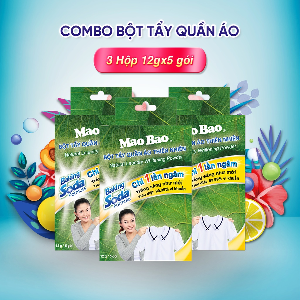 Bộ 3 Hộp Bột Tẩy Quần Áo thiên nhiên Mao Bao (12g x 5 gói/hộp)