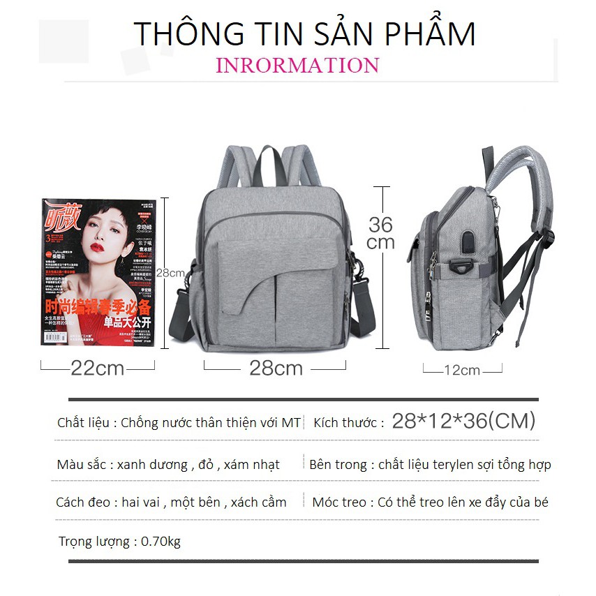 Balo Bỉm Sữa Có Đai Giữ Em Bé Và Cổng USB