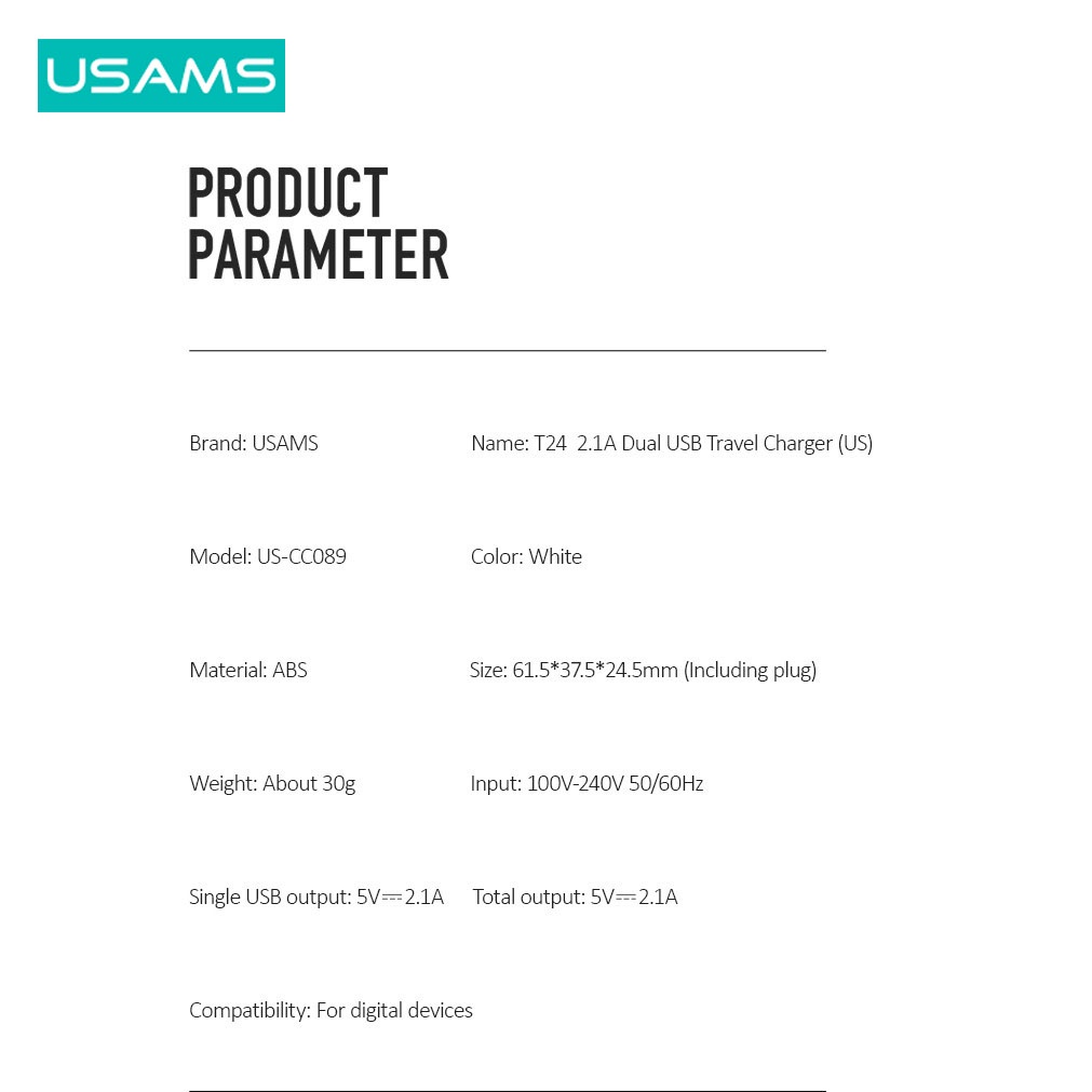 Củ Sạc Nhanh Usams T24 2.1A Cổng đôi USB Tiện Lợi Cho Du Lịch（EU）Travel Charger Cho Cổng USB/Type C/ Micro 2.1A